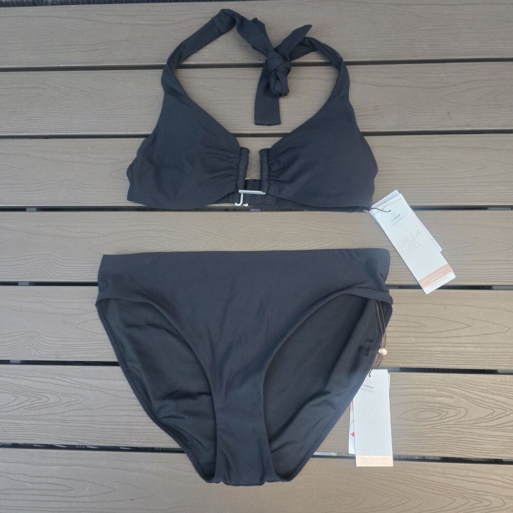 CALIA Women's Solid Black U-Bar Halter Top & Mid Rise Bikini Sz S New